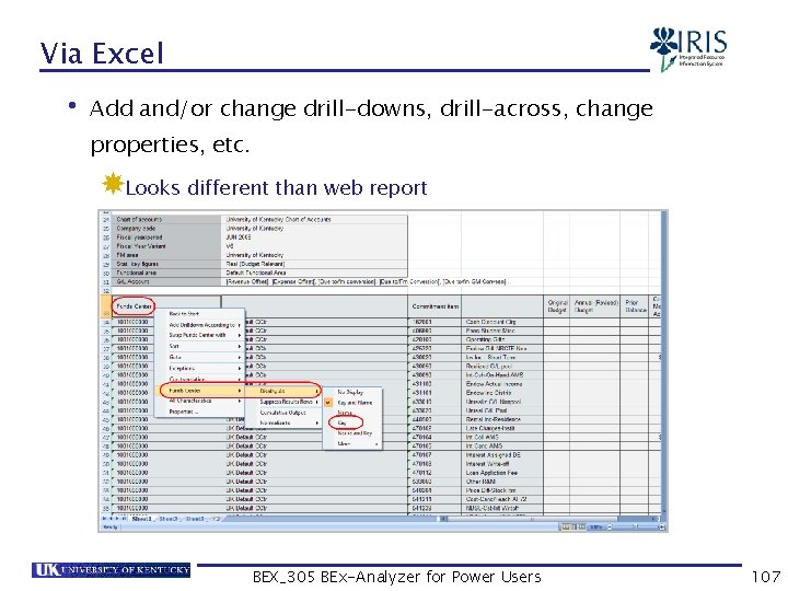 Via Excel • Add and/or change drill-downs, drill-across, change properties, etc. Looks different than