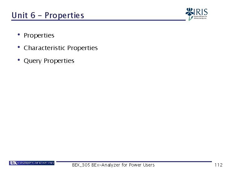 Unit 6 – Properties • Properties • Characteristic Properties • Query Properties BEX_305 BEx-Analyzer