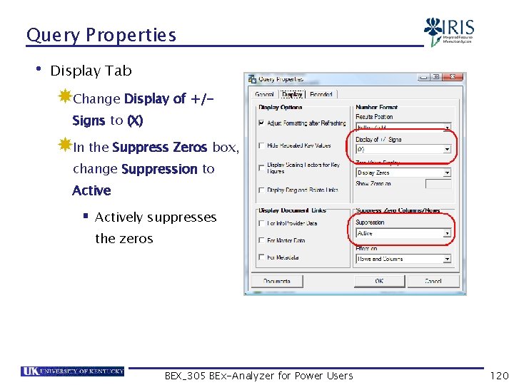 Query Properties • Display Tab Change Display of +/Signs to (X) In the Suppress