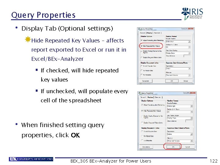 Query Properties • Display Tab (Optional settings) Hide Repeated Key Values – affects report
