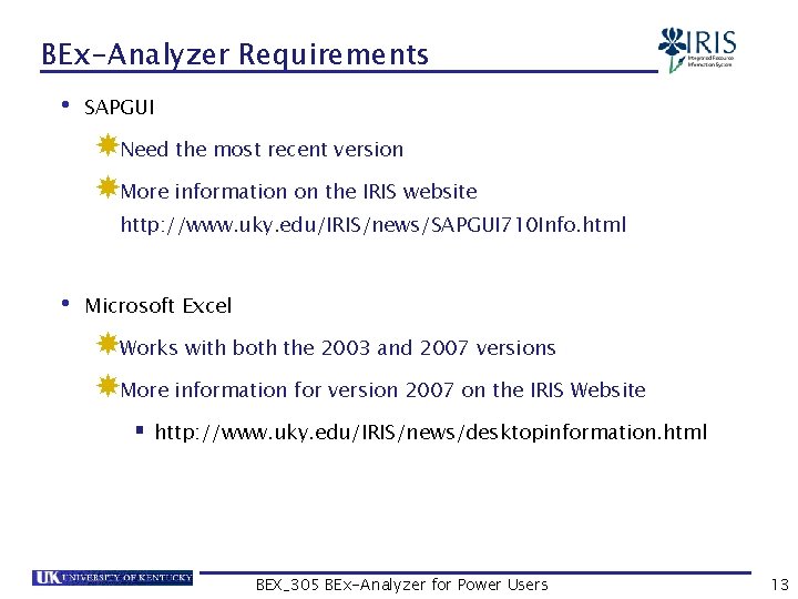 BEx-Analyzer Requirements • SAPGUI Need the most recent version More information on the IRIS
