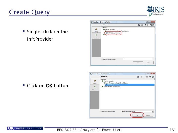 Create Query § Single-click on the Info. Provider § Click on OK button BEX_305