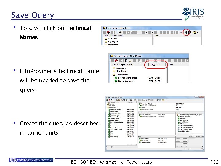 Save Query • To save, click on Technical Names • Info. Provider’s technical name