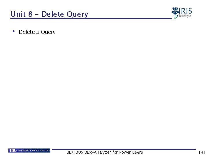 Unit 8 – Delete Query • Delete a Query BEX_305 BEx-Analyzer for Power Users