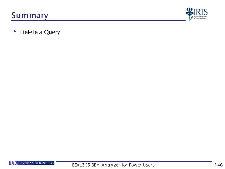 Summary • Delete a Query BEX_305 BEx-Analyzer for Power Users 146 