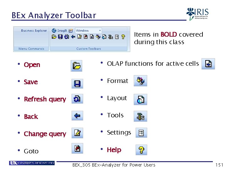 BEx Analyzer Toolbar Items in BOLD covered during this class • Open • Save