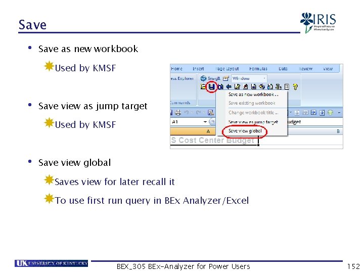 Save • Save as new workbook Used by KMSF • Save view as jump
