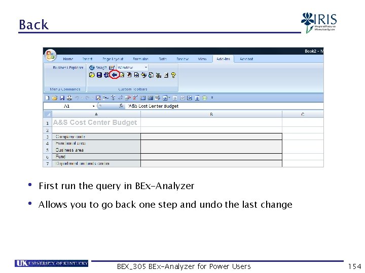 Back • First run the query in BEx-Analyzer • Allows you to go back