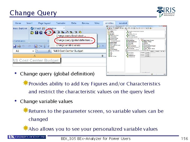 Change Query • Change query (global definition) Provides ability to add Key Figures and/or