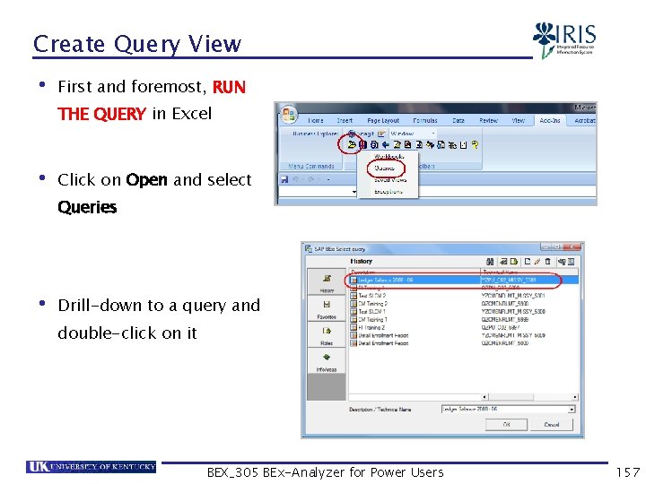 Create Query View • First and foremost, RUN THE QUERY in Excel • Click