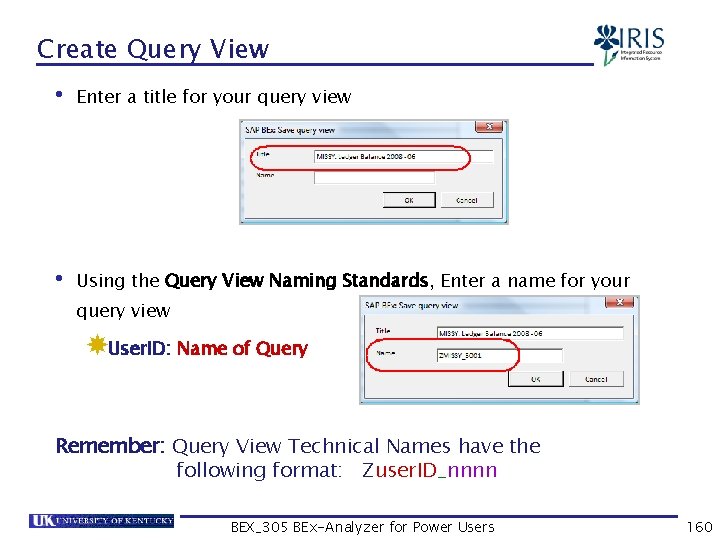 Create Query View • Enter a title for your query view • Using the