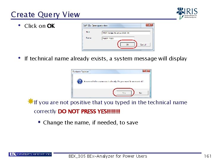 Create Query View • Click on OK • If technical name already exists, a