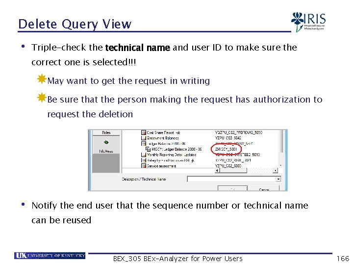 Delete Query View • Triple-check the technical name and user ID to make sure