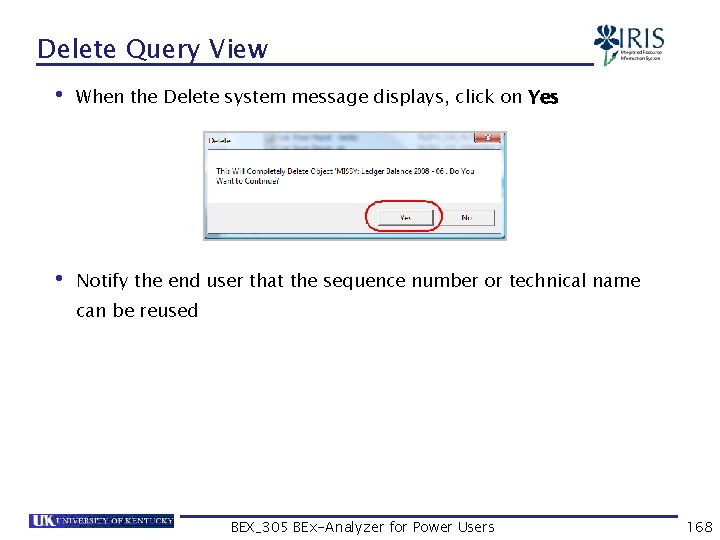 Delete Query View • When the Delete system message displays, click on Yes •