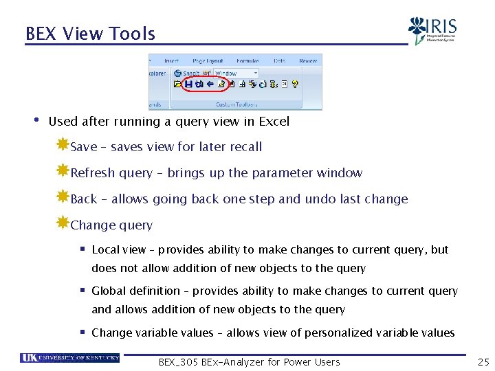 BEX View Tools • Used after running a query view in Excel Save –