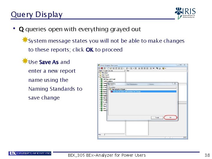 Query Display • Q queries open with everything grayed out System message states you