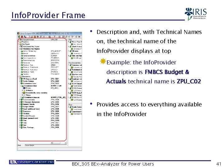 Info. Provider Frame • Description and, with Technical Names on, the technical name of