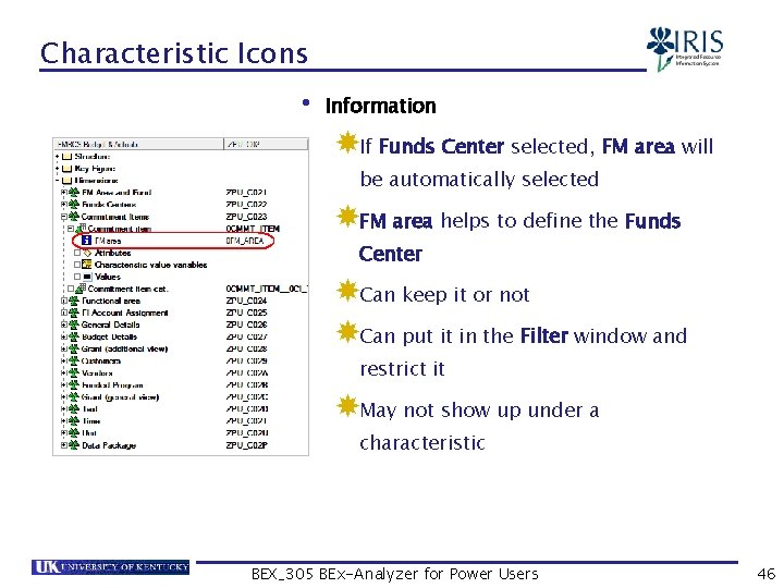 Characteristic Icons • Information If Funds Center selected, FM area will be automatically selected