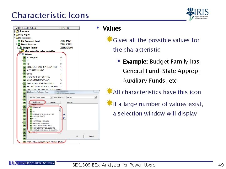 Characteristic Icons • Values Gives all the possible values for the characteristic § Example: