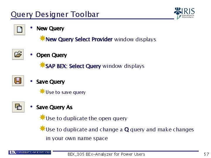Query Designer Toolbar • New Query Select Provider window displays • Open Query SAP