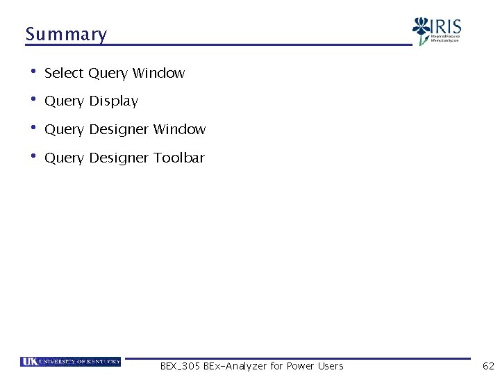 Summary • Select Query Window • Query Display • Query Designer Window • Query