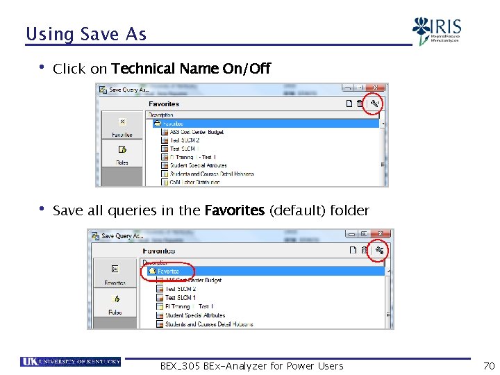 Using Save As • Click on Technical Name On/Off • Save all queries in