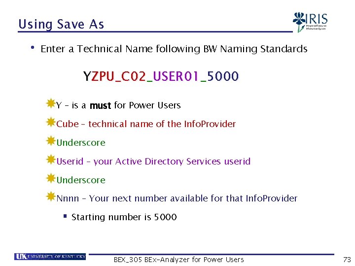 Using Save As • Enter a Technical Name following BW Naming Standards YZPU_C 02_USER