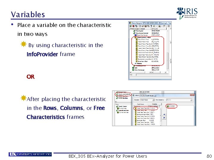 Variables • Place a variable on the characteristic in two ways By using characteristic