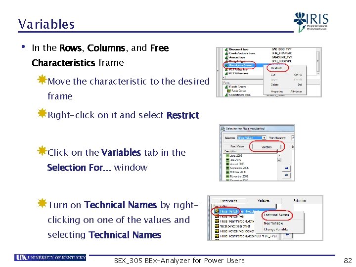 Variables • In the Rows, Columns, and Free Characteristics frame Move the characteristic to
