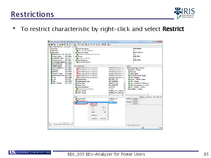 Restrictions • To restrict characteristic by right-click and select Restrict BEX_305 BEx-Analyzer for Power