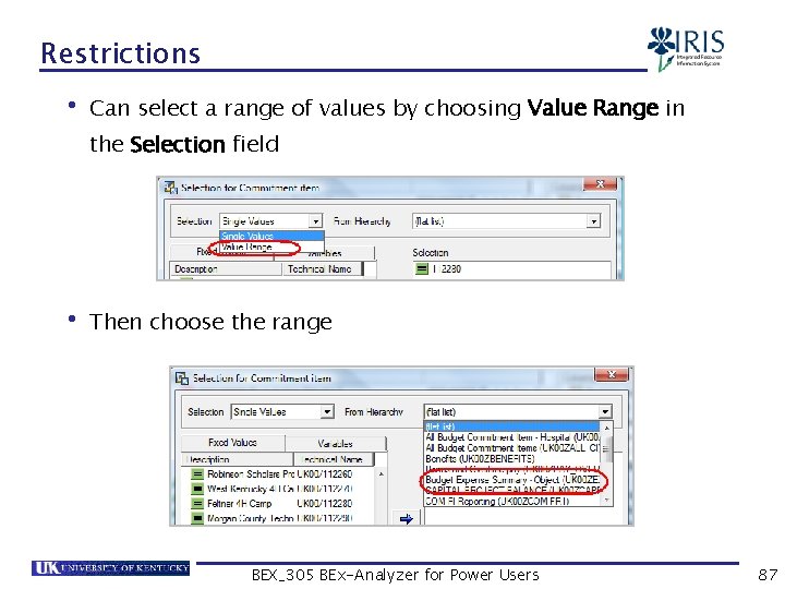 Restrictions • Can select a range of values by choosing Value Range in the