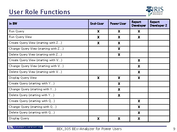 User Role Functions In BW End-User Power User Report Developer Run Query X X