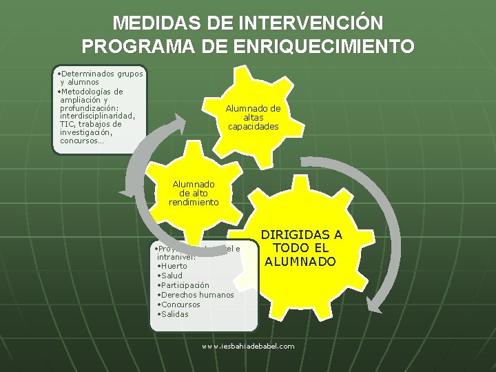 MEDIDAS DE INTERVENCIÓN PROGRAMA DE ENRIQUECIMIENTO • Determinados grupos y alumnos • Metodologías de