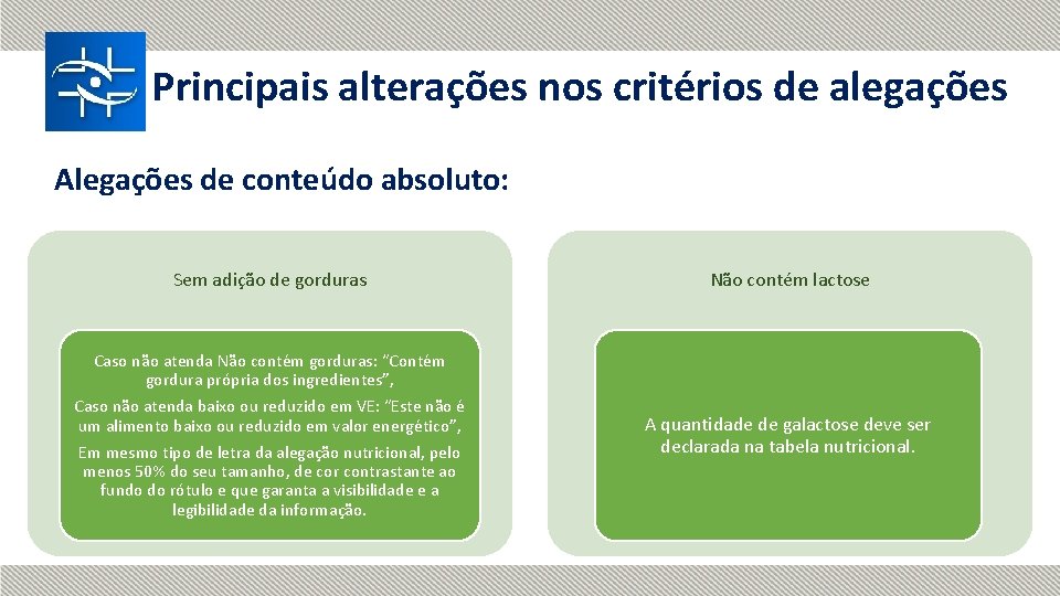 Principais alterações nos critérios de alegações Alegações de conteúdo absoluto: Sem adição de gorduras