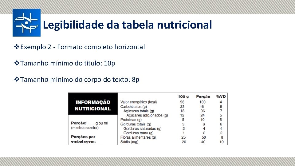 Legibilidade da tabela nutricional v. Exemplo 2 - Formato completo horizontal v. Tamanho mínimo