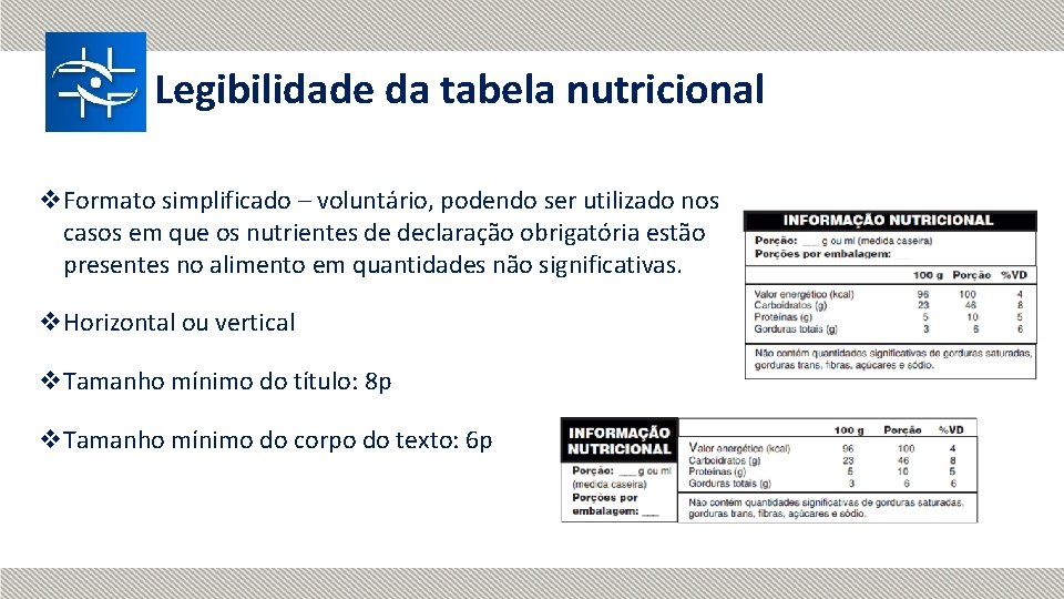 Legibilidade da tabela nutricional v. Formato simplificado – voluntário, podendo ser utilizado nos casos