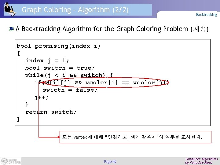 Graph Coloring – Algorithm (2/2) Backtracking Algorithm for the Graph Coloring Problem (계속) bool