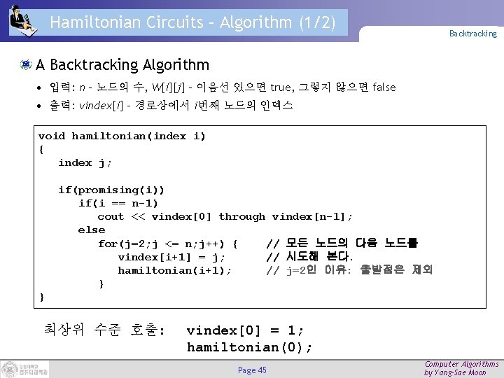 Hamiltonian Circuits – Algorithm (1/2) Backtracking Algorithm • 입력: n – 노드의 수, W[i][j]