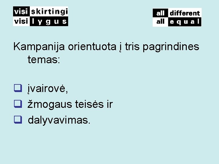 Kampanija orientuota į tris pagrindines temas: q įvairovė, q žmogaus teisės ir q dalyvavimas.