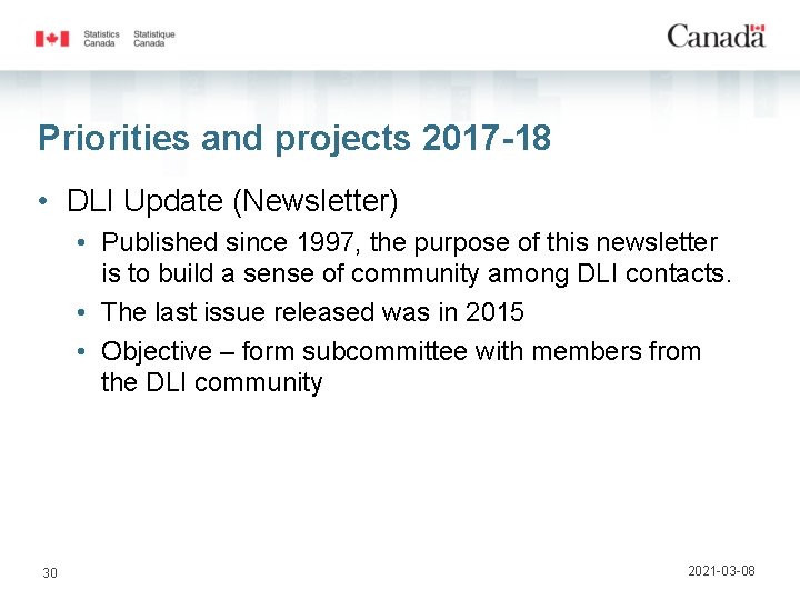 Priorities and projects 2017 -18 • DLI Update (Newsletter) • Published since 1997, the