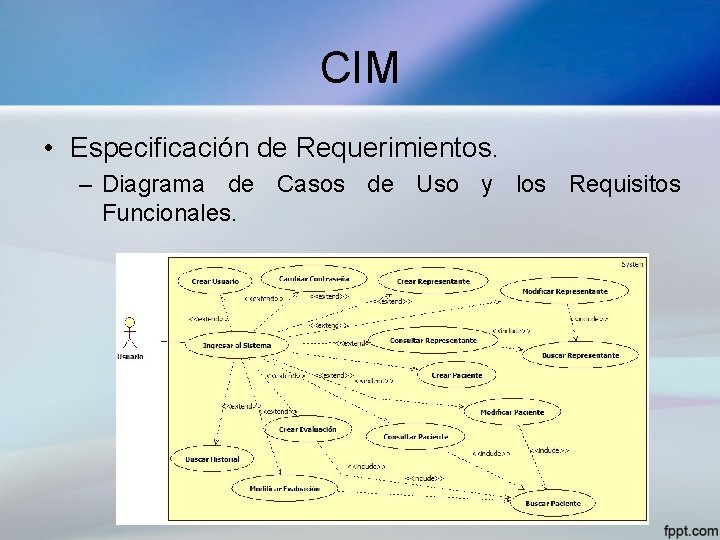 CIM • Especificación de Requerimientos. – Diagrama de Casos de Uso y los Requisitos