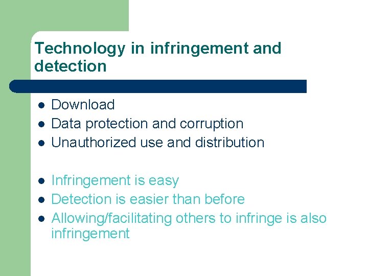 Technology in infringement and detection l l l Download Data protection and corruption Unauthorized