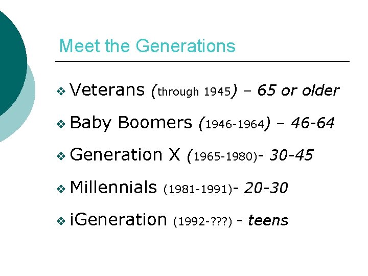 Meet the Generations v Veterans v Baby (through 1945) – 65 or older Boomers