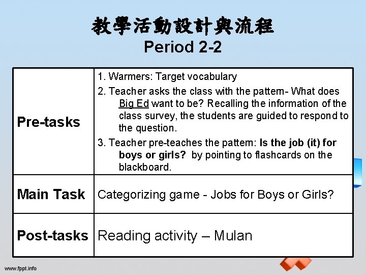 教學活動設計與流程 Period 2 -2 Pre-tasks 1. Warmers: Target vocabulary 2. Teacher asks the class
