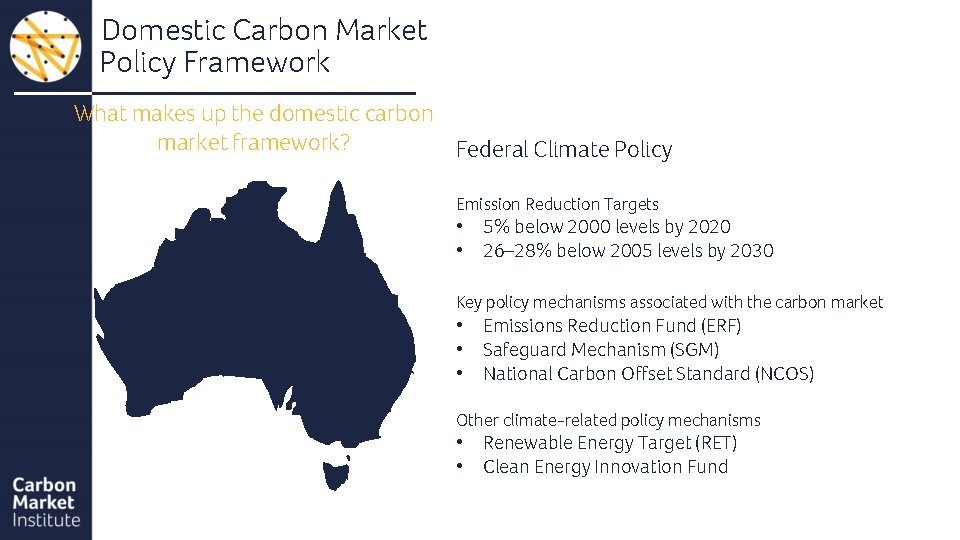 Domestic Carbon Market Policy Framework What makes up the domestic carbon market framework? Federal