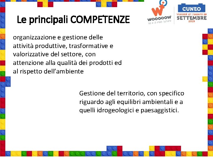 Le principali COMPETENZE organizzazione e gestione delle attività produttive, trasformative e valorizzative del settore,