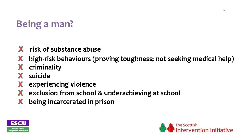23 Being a man? X risk of substance abuse X high-risk behaviours (proving toughness;