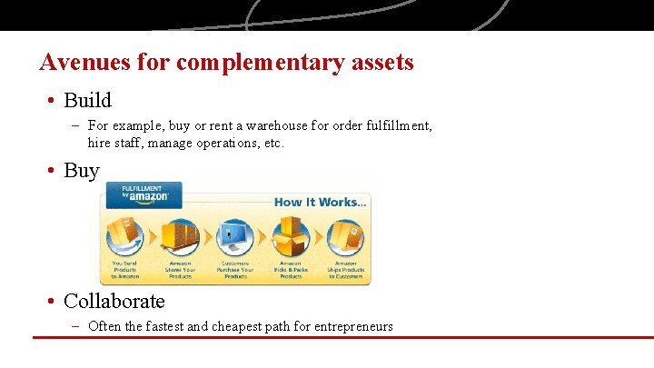 Avenues for complementary assets • Build – For example, buy or rent a warehouse