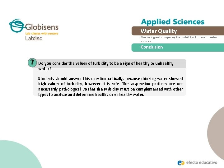 Water Quality Measuring and comparing the turbidity of different water sources. Conclusion Do you