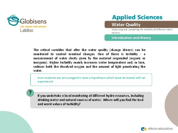 Water Quality Measuring and comparing the turbidity of different water sources. Introduction and theory